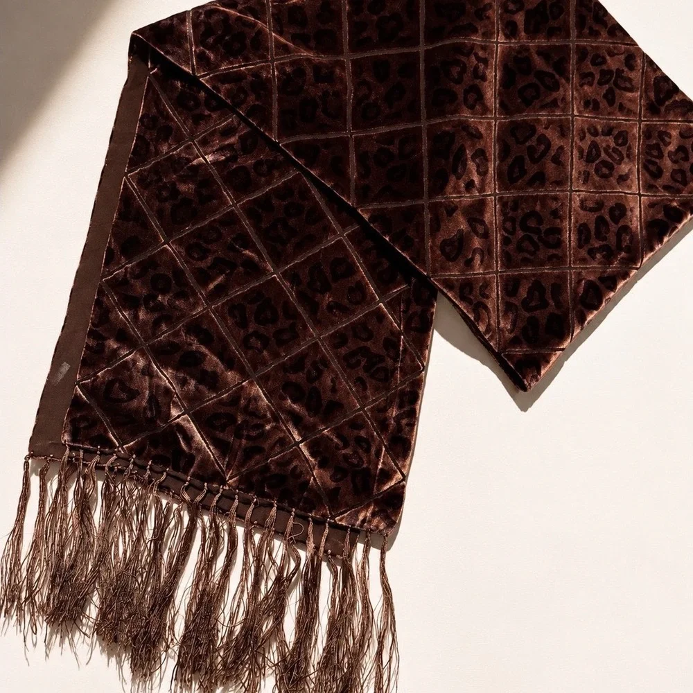 Velvet Burnout Leopard Scarf Brown Fringe Sheer Overlay Wrap